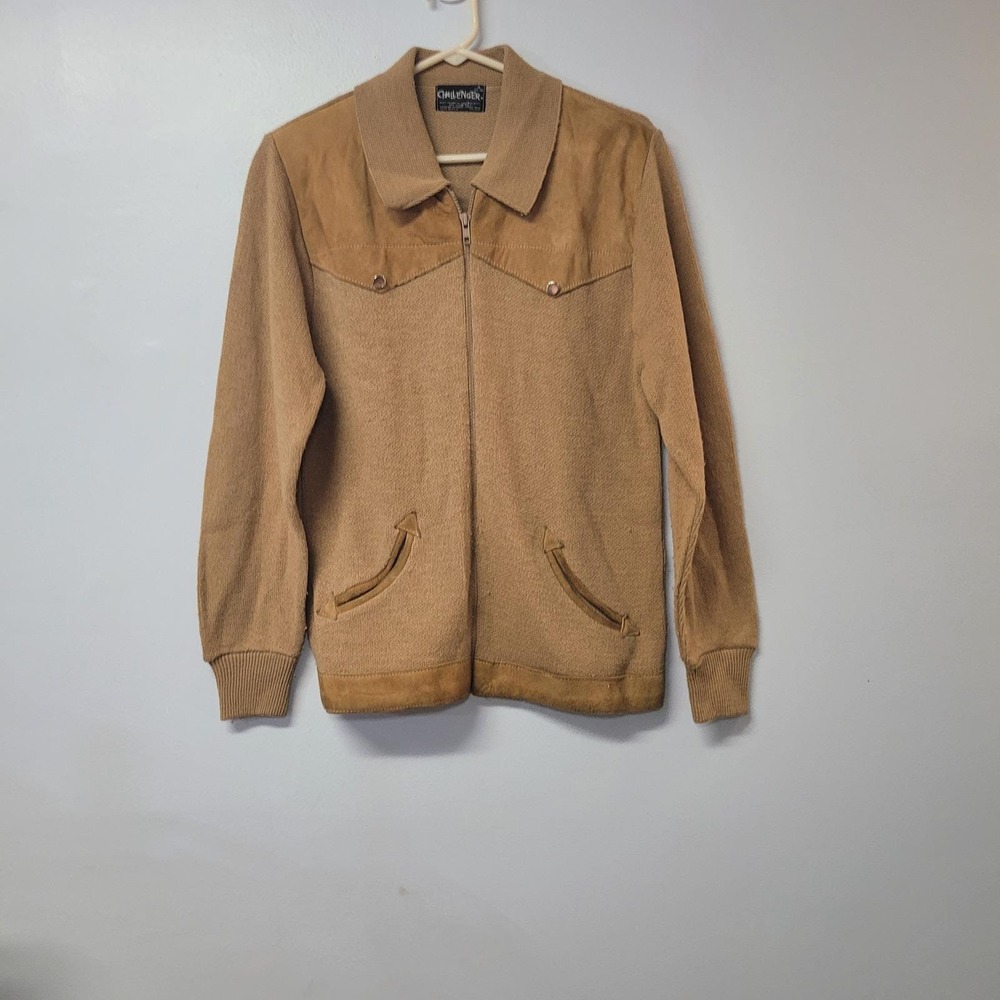 Challenger Vintage 70s Western Knit Jacket Suede Trim Tan Acrylic Zip Up Small